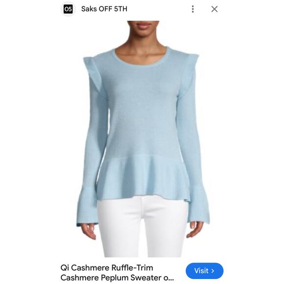 QI CASHMERE SAKS FIFTH AVENUE Lt Blue Ruffle Trim Bell Sleeve Peplum Sweater M - Picture 2 of 8